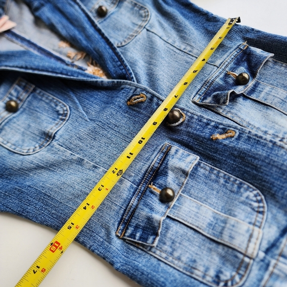 Faded Glory Blue and Orange Jean Jacket with Distressing and Floral Design - Picture 7 of 15